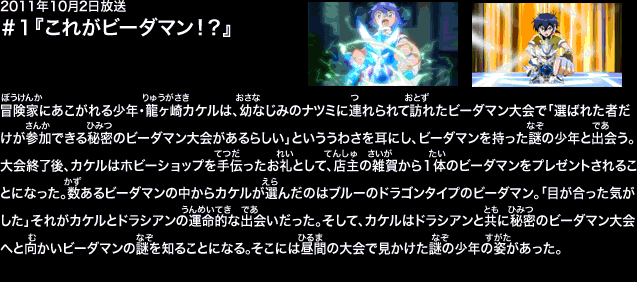 2011年10月2日放送 ＃１『これがビーダマン！？』
冒険家にあこがれる少年・龍ヶ崎カケルは、幼なじみのナツミに連れられて、初めてビーダマン大会を訪れた。ビーダマンのことは全く知らなかったカケルだが、会場でホビーショップの手伝いをするうちに次第に興味を覚え始めた。
しかし、そこで聞いた「選ばれた者だけが参加できる特別なビーダマン大会があるらしい」といううわさだけは、さすがに信じることができなかった。だが、その時、背後から不思議な声が彼に語りかけてきた。「少年、この世にはまだ、君の知らぬことが山ほどある」その声に驚いて振り返ってみたが、そこには、ビーダマンを持った少年が一人いただけだった。
大会終了後、カケルはホビーショップを手伝ったお礼として、店主の雑賀から１体のビーダマンをプレゼントされることになった。数あるビーダマンの中からカケルが選んだのはブルーのドラゴンタイプのビーダマン。「目が合った気がした」それがカケルとドラシアンの運命的な出会いだった。
