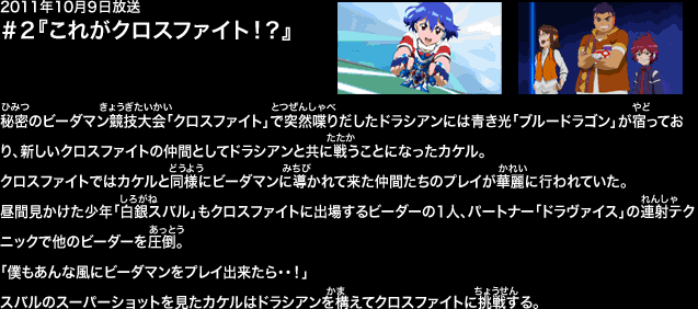 ２０１１年１０月９日放送　第２話　『これがクロスファイト！？』
ビーダマンの選手(せんしゅ)登録(とうろく)の際(さい)に示(しめ)された場所(ばしょ)を一人(ひとり)で訪(おとず)れたカケル。そこで見(み)たのは、昼間(ひるま)、不思議(ふしぎ)な声(こえ)がした時(とき)に居合(いあ)わせた少年(しょうねん)がビーダマンの大会(たいかい)に出場(しゅつじょう)している姿(すがた)だった。そのプレイに圧倒(あっとう)されるカケル。さらにカケルを驚(おどろ)かせたのはドラシアンが彼(かれ)に話(はな)しかけたからだ。「これはクロスファイト。お前(まえ)と俺(おれ)は、ここで力(ちから)を合(あ)わせて戦(たたか)うのだ」
驚(おどろ)いたカケルが大声(おおごえ)を上(あ)げたため、大会(たいかい)は一時(いちじ)中断(ちゅうだん)。そんな中(なか)、一人(ひとり)の少女(しょうじょ)・ルリが場内(じょうない)に告(つ)げた。「皆(みな)さん、新(あたら)しい仲間(なかま)の誕生(たんじょう)です」その言葉(ことば)に場内(じょうない)はさらに騒然(そうぜん)。焦(あせ)って周囲(しゅうい)を見回(みまわ)したカケルが目(め)にしたのは、昼間(ひるま)の少年(しょうねん)と彼(かれ)の持(も)つビーダマンだった。「我(われ)が名(めい)はドラヴァイス……君(きみ)のパートナーと同(おな)じく、ドラゴンタイプのビーダマンだ」昼間(ひるま)の不思議(ふしぎ)な声(こえ)の主(しゅ)はその少年(しょうねん)のビーダマンだったのだ。
さらに言葉(ことば)を続(つづ)けようとするドラヴァイスをその少年(しょうねん)が一喝(いっかつ)して止(と)めた。白銀(しろがね)スバル。それがその少年(しょうねん)の名前(なまえ)だった。