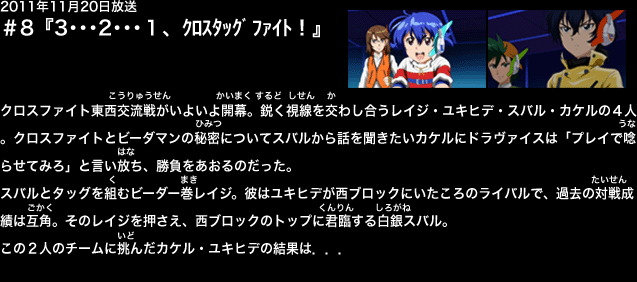 ２０１１年１１月１９日　第８話『３……２……１、クロスタッグファイト！』
クロスファイト東西交流戦がいよいよ開幕。鋭く視線を交わし合うレイジ・ユキヒデ・スバル・カケルの４人。クロスファイトとビーダマンの秘密についてスバルから話を聞きたいカケルにドラヴァイスは「プレイで唸らせてみろ」と言い放ち、勝負をあおるのだった。
スバルとタッグを組むビーダー巻レイジ。彼はユキヒデが西ブロックにいたころのライバルで、過去の対戦成績は互角。そのレイジを押さえ、西ブロックのトップに君臨する白銀スバル。
この２人のチームに挑んだカケル・ユキヒデのチームは．．．